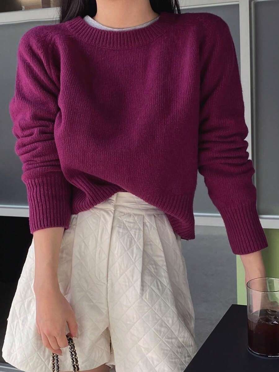 DAZY Solid Color Round Neck Long Sleeve Sweater - Purple - View 1
