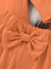 嬰兒女寶寶純色荷葉邊裝飾蝴蝶結服裝套裝 - 橘色 - 查看 5