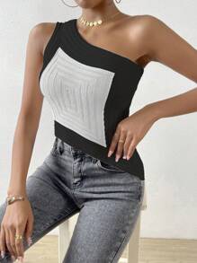 Allurite Color-Blocked Rib Knitted One Shoulder Top - Multicolor - View 6