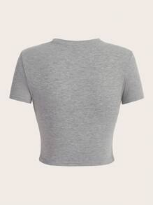 SHEIN EZwear 情人節心形標語印花修身女T卹，圓領，適用於夏季 - 淺灰色 - 查看 2