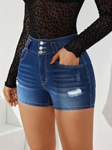 Women'S Ripped Denim Shorts - Dark Wash - View 6