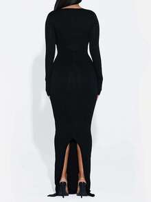純色長袖及地連身裙 2024 春季新年派對連身裙 - 黑色 - 查看 2