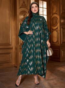 Al Najma Plus Size Batwing Sleeve Dress With Full Graphic Design Kaftan Jalabiya Dress - Dark Green - View 3