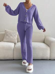 SHEIN LUNE Drop Shoulder Button Up Cardigan And Drawstring Waist Knit Pants Two-Piece Set - Purple - View 6