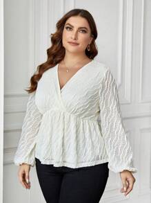 SHEIN Clasi Plus Size Wrap Neckline Textured Top With Lantern Sleeve - Beige - View 6