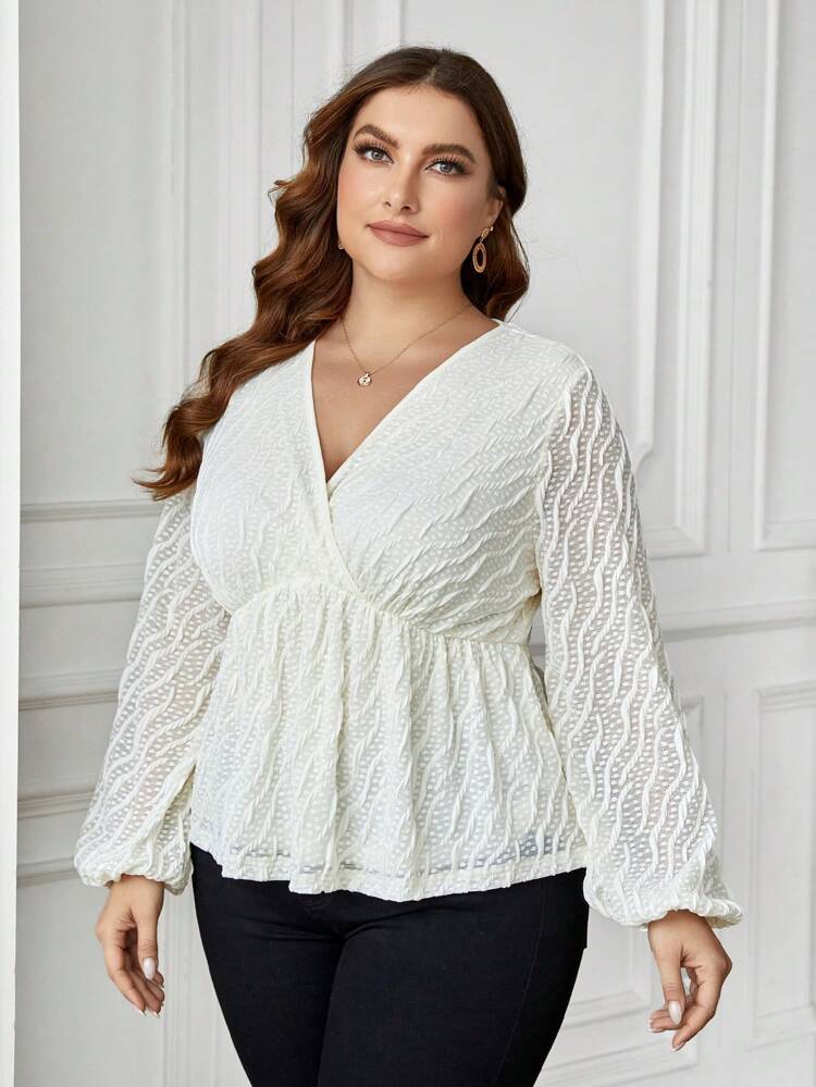 Plus Size Wrap Neckline Textured Top With Lantern Sleeve