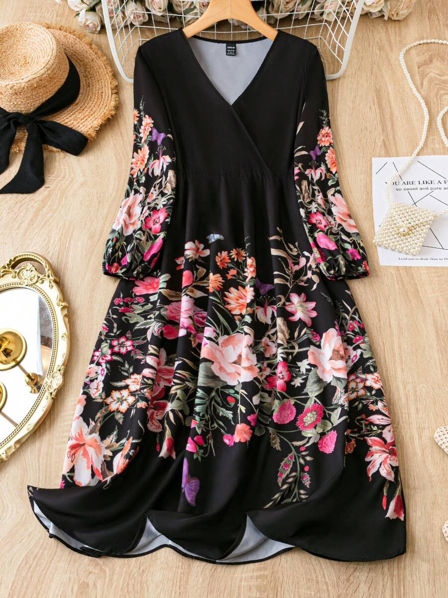 SHEIN Clasi In hoa Tay áo lồng đèn Đầm - Nhiều màu - Xem 1