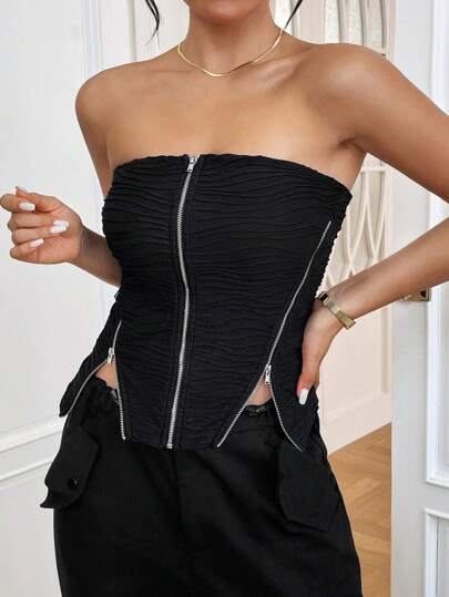 SHEIN ICON 女士拉鍊前無肩帶短上衣