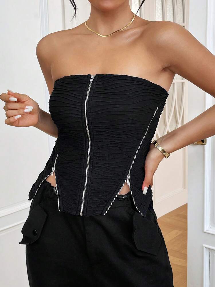 Women'S Zip Front Strapless Crop Top
