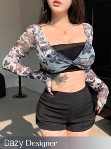 Dazy Designer 1 件扭結細節長袖短版花卉上衣 - 灰色 - 查看 1