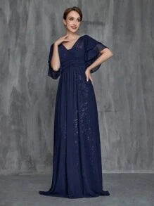 Women's Butterfly Sleeve Contrast Chiffon Sequin Dress
