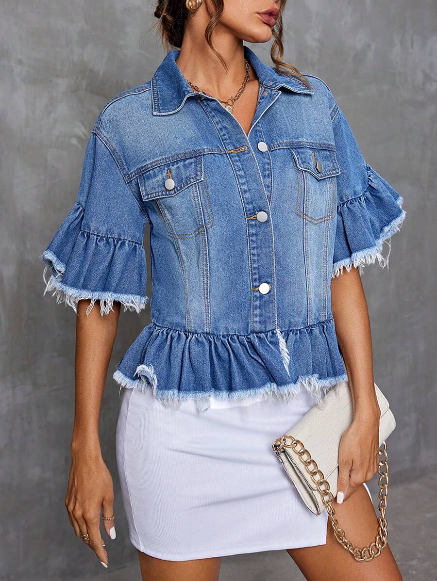 SHEIN Privé Blusa Vaquera De Mujer De Manga Corta Con Dobladillo Con Volantes Y Borde Sin Rematar - Azul lavado medio - Ver 1