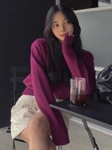 DAZY Solid Color Round Neck Long Sleeve Sweater - Purple - View 3