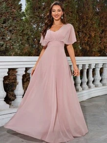 Butterfly Sleeve Chiffon Bridesmaid Dress - Dusty Pink - View 2
