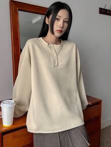 Dazy Star Women's Half Button Drop Shoulder Sweatshirt - Apricot - View 12