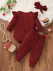 Infant Girls' Ribbed Long Sleeve Bodysuit And Pants Set With Headband - Red - View 2