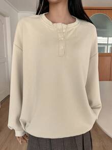 Dazy Star Women's Half Button Drop Shoulder Sweatshirt - Apricot - View 13