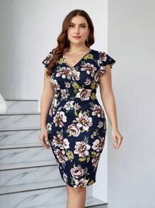 SHEIN Clasi Vestido De Talla Grande Con Mangas Fruncidas Y Estampado Floral, Vestido Bodycon - Multicolor - Ver 1