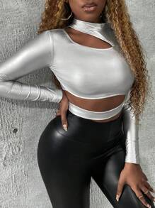 Slaydiva 女士镂空金属质感长袖T恤 - 銀色 - 查看 4