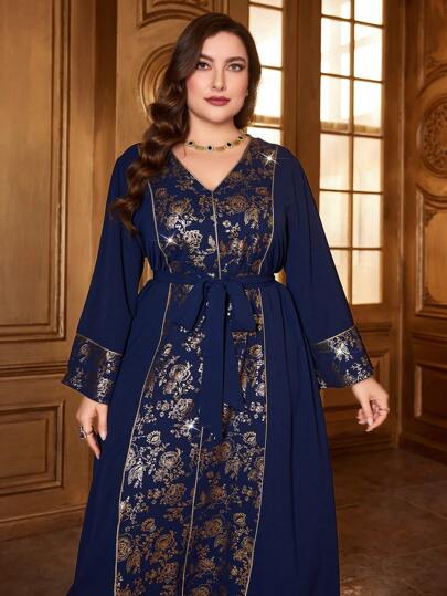 Al Najma 大码女式阿拉伯风格连衣裙，配金箔印花和腰带