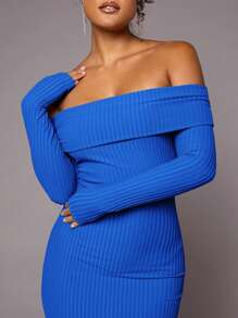 SHEIN BAE Solid Color Off-Shoulder Bodycon Dress - Royal Blue - View 3