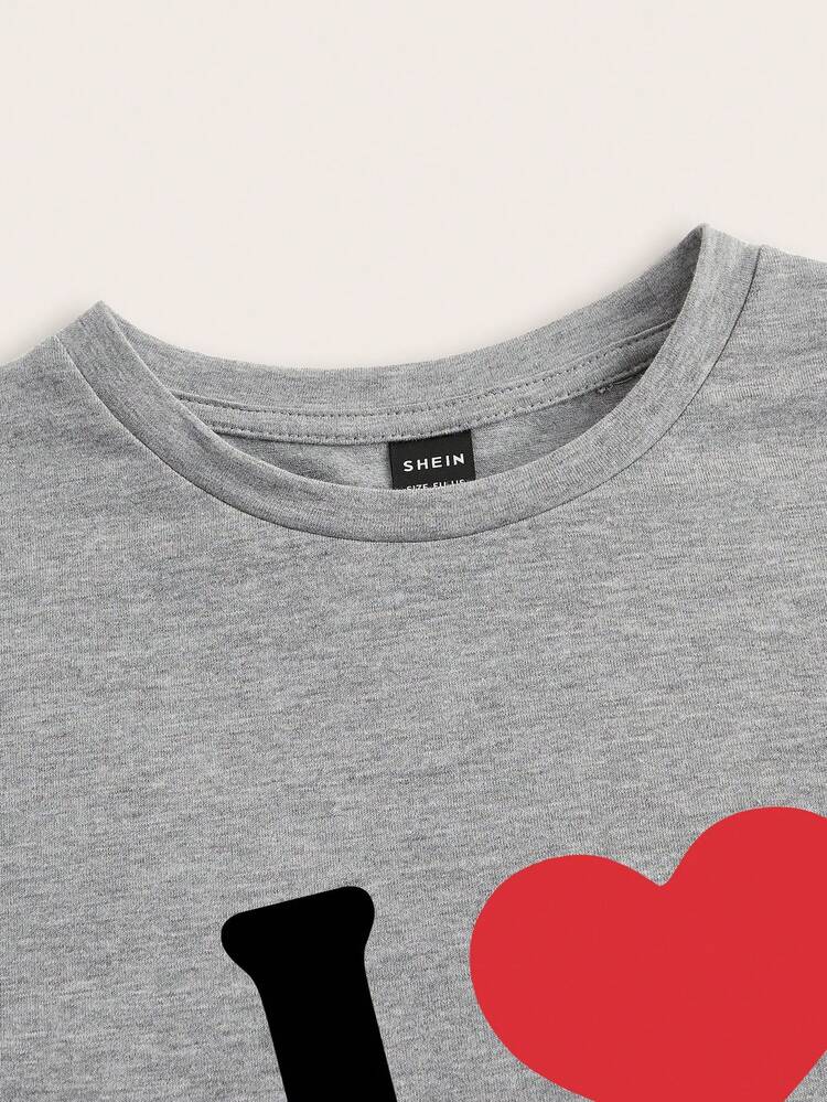 SHEIN EZwear 情人節心形標語印花修身女T卹，圓領，適用於夏季 - 淺灰色 - 查看 4