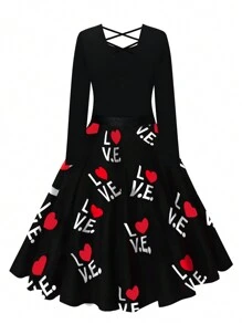 SHEIN LUNE Plus Size Alphabet And Heart Print Long Sleeve Dress - Multicolor - View 2