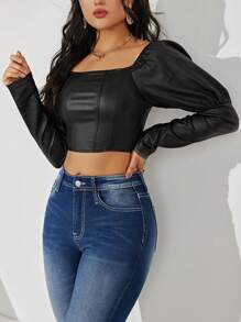 Calvaya Women's Fashion Solid Color Cropped Top, Spring Autumn