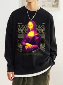 男款標語印花落肩長袖運動衫 - 黑色 - 查看 1