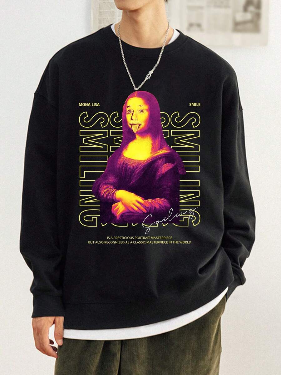 男款標語印花落肩長袖運動衫 - 黑色 - 查看 1