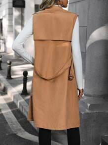 SHEIN Frenchy 翻領束腰背心外套,雙排扣套頭 - 卡其色 - 查看 2