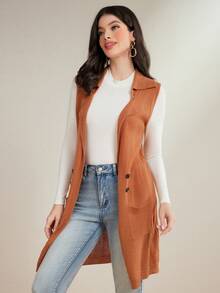 VaVaBold Women's Solid Color Sleeveless Cardigan Vest With Double Pockets - Brown - View 6