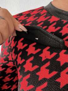 SHEIN Privé Houndstooth Pattern Long Sleeve Dress - Red - View 6