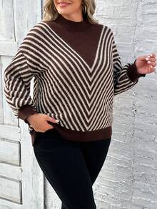 SHEIN Clasi Plus Size Chevron Print Sweater Pullover Thermal - Brown - View 3