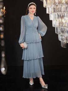 Modelyn Váy xếp ly nhiều lớp tay đèn lồng cho nữ, váy maxi dự tiệc tối thanh lịch - Màu xanh lam - Xem 3