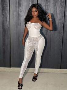 Slaydiva Women'S Strapless Mesh & Sequin Embellished Printed Unitard Jumpsuit - Black - View 1