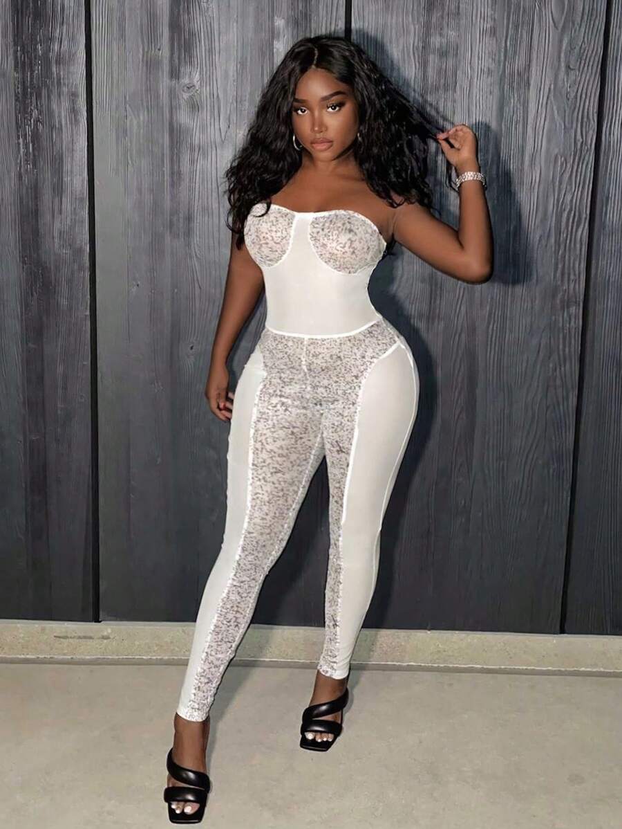 Slaydiva Women'S Strapless Mesh & Sequin Embellished Printed Unitard Jumpsuit - Black - View 1