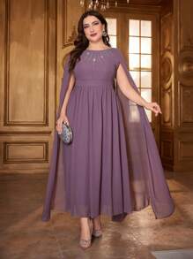 Modelyn Plus Size Women'S Cape Sleeves Dress With Rhinestone Decoration - Dusty Pink - View 4