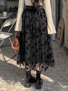 DAZY 短毛絨網片拼接百褶裙 - 黑色 - 查看 2