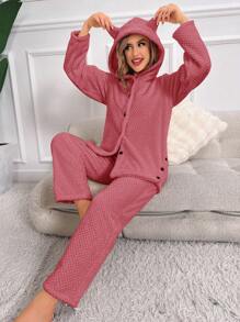 Women'S Plush Long Sleeve Hooded Top And Pants Pajama Set - Red - View 6