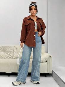 SHEIN Unity 女式灰咖啡色格紋緞條襯衫領夾克 - 棕色 - 查看 4