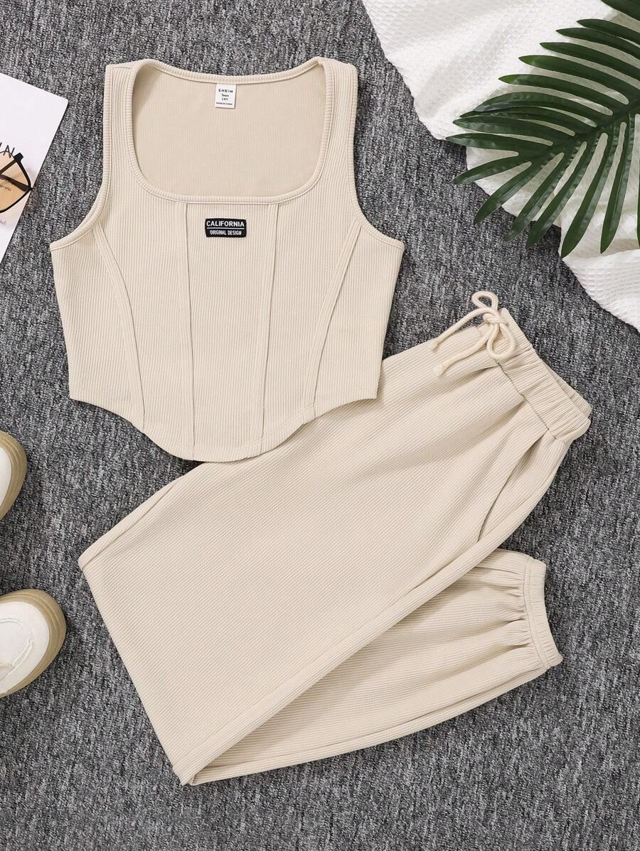 SHEIN Leap Crew Knit Solid Color Letter Patched Tank Top With Tapered Pants Two-Piece Set For Teen Girls - Khaki - View 1