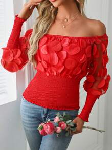 Chiquease Off Shoulder Mesh Floral Applique Shirred Blouse - Red - View 1