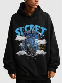 ROMWE MEN Street Life Guys Slogan & Skull Graphic Drawstring Hoodie - Black - View 1