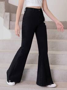 SHEIN Tween Girl New Style Casual Fashionable All-Match Star Pattern Washed Denim Bell-Bottoms - Black - View 7