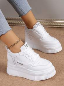 女士厚底运动鞋，白色网眼透气系带休闲旅游鞋，春/秋 - 白色 - 查看 5