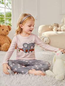 SHEIN Young Girls' Cartoon Printed Long Sleeve Snug Fit Homewear Set - Pink - View 5