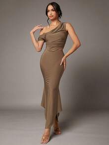 SHEIN BAE 卡其色垂坠不对称领口上衣和不对称下摆裙子两件套 - 杏色 - 查看 4