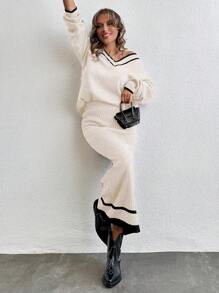 EURMUSE V-Neck Drop Shoulder Striped Sweater And Knit Skirt Two Piece Set - Apricot - View 4