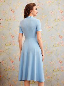 SHEIN DECDS Vintage Elegant New Year Women's Plaid Splicing Short Sleeve Dress With Bow Tie Collar And Umbrella Hem - Blue - View 8